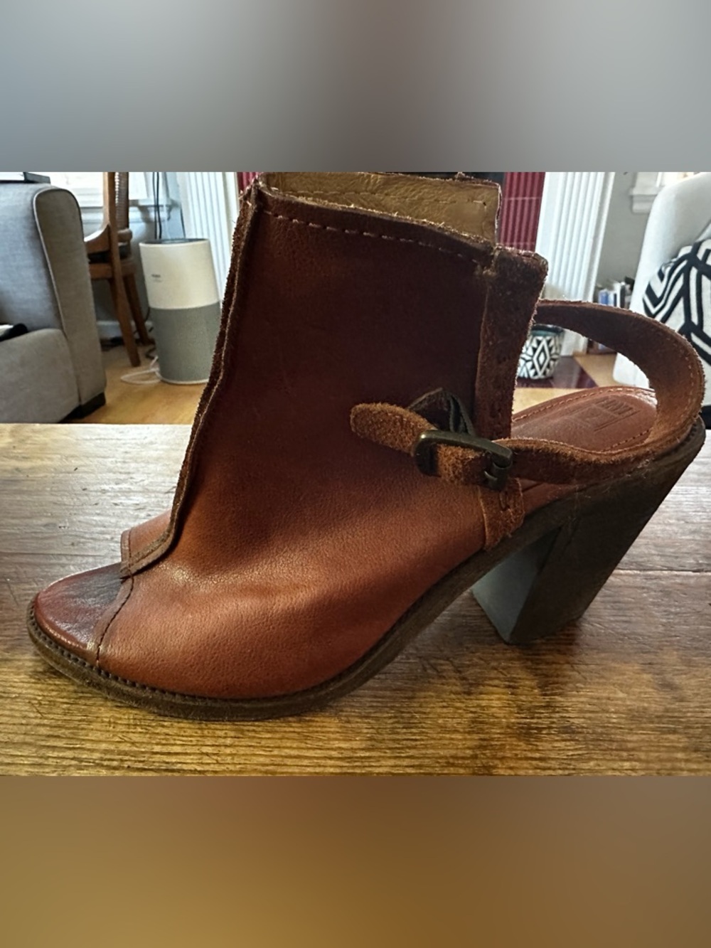 Frye Brown Leather Open-Toe Slingback Block Heel Boots